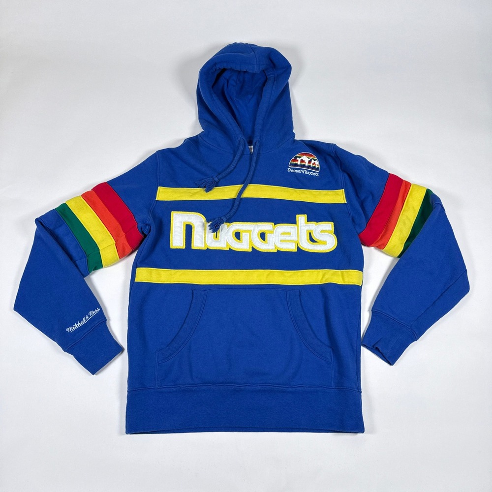 Denver Nuggets Hoodie Mens Medium Blue Rainbow Stripe Retro Mitchell & Ness